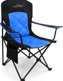FAIR WIND Oversized Fully Padded Camping Chair, Heavy Duty Quad Fold Arm Chair Support 350 LBS with Cup Holder, Collapsible Lumbar Back Chair Portable for Outdoor, Blue