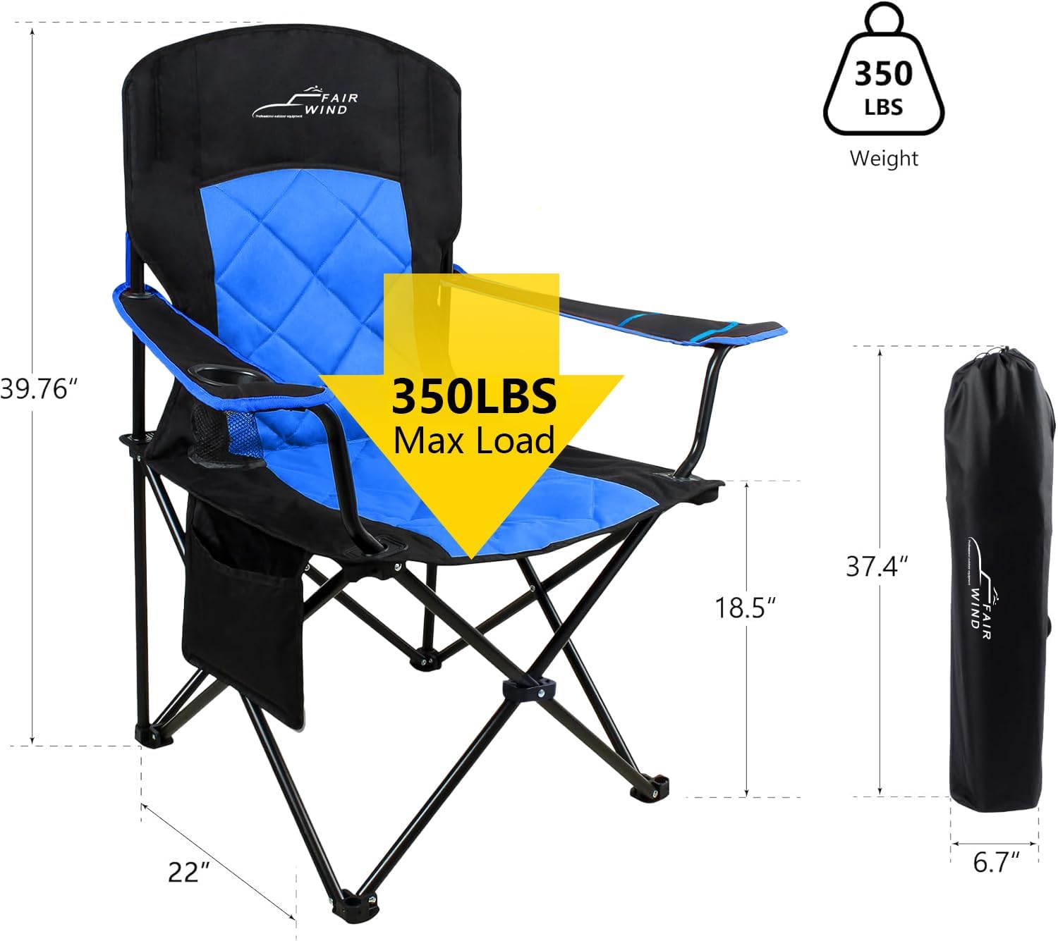 FAIR WIND Oversized Fully Padded Camping Chair, Heavy Duty Quad Fold Arm Chair Support 350 LBS with Cup Holder, Collapsible Lumbar Back Chair Portable for Outdoor, Blue - Image 3