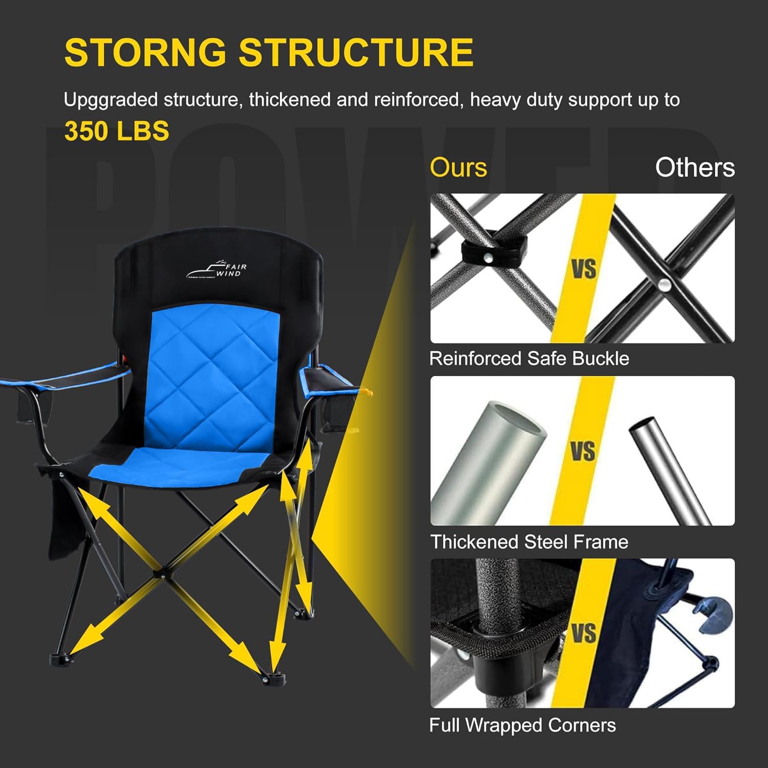FAIR WIND Oversized Fully Padded Camping Chair, Heavy Duty Quad Fold Arm Chair Support 350 LBS with Cup Holder, Collapsible Lumbar Back Chair Portable for Outdoor, Blue - Image 4