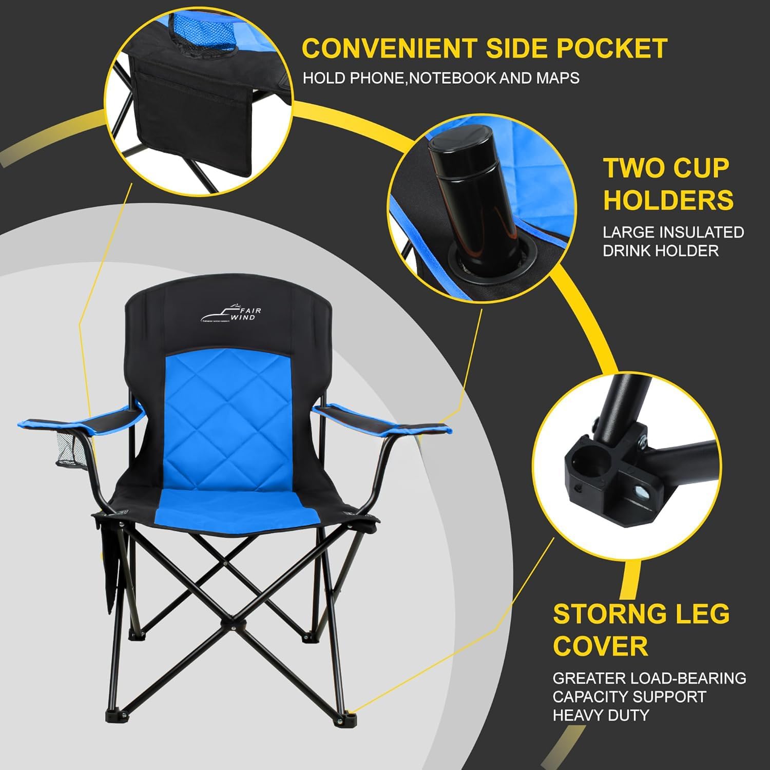 FAIR WIND Oversized Fully Padded Camping Chair, Heavy Duty Quad Fold Arm Chair Support 350 LBS with Cup Holder, Collapsible Lumbar Back Chair Portable for Outdoor, Blue - Image 5