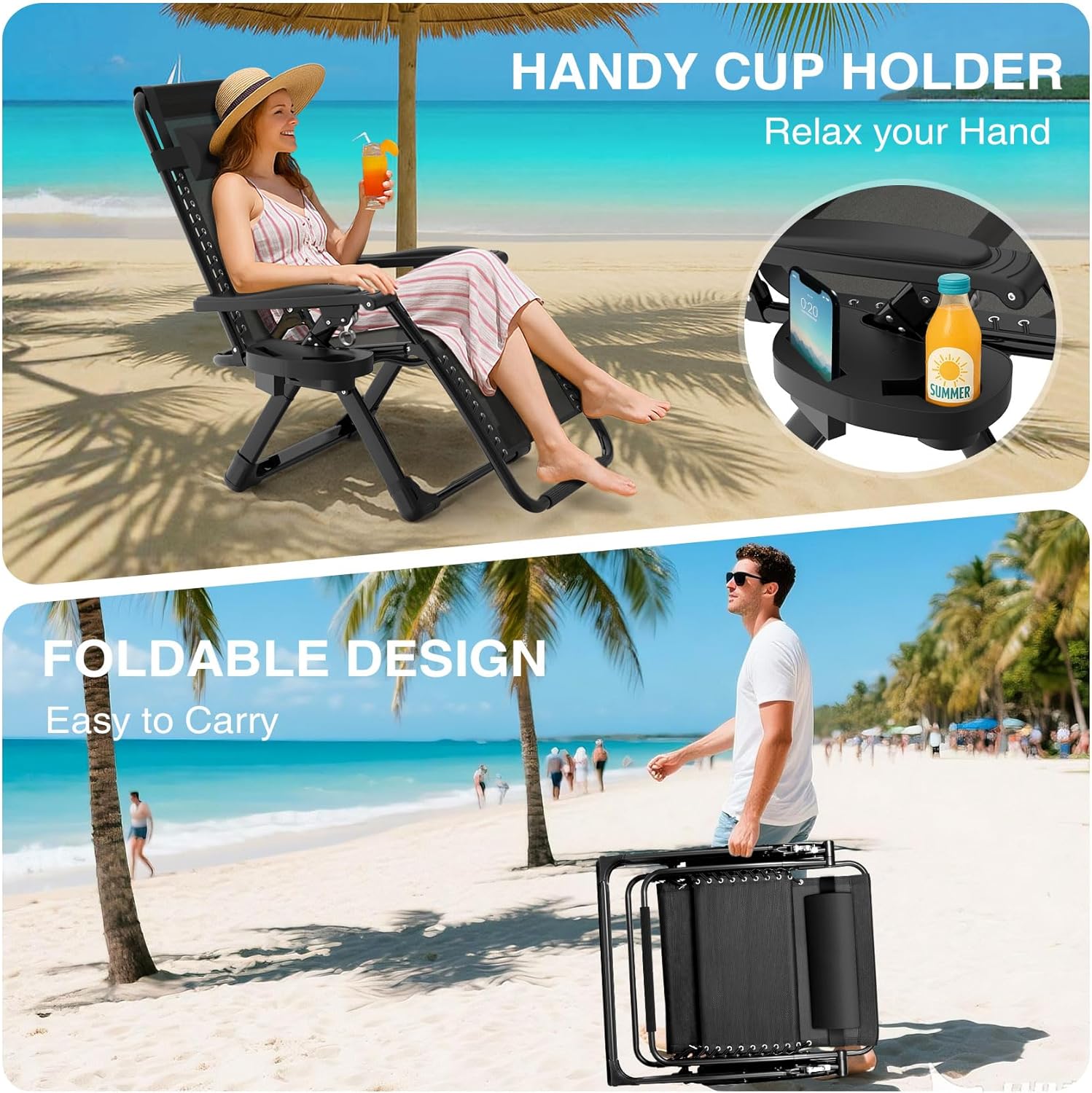 Suteck Zero Gravity Chair, Reclining Camping Lounge Chair w/Removable Cushion, Upgraded Lock and Cup Holder, Reclining Patio Chairs Folding Recliner for Indoor and Outdoor - Image 6