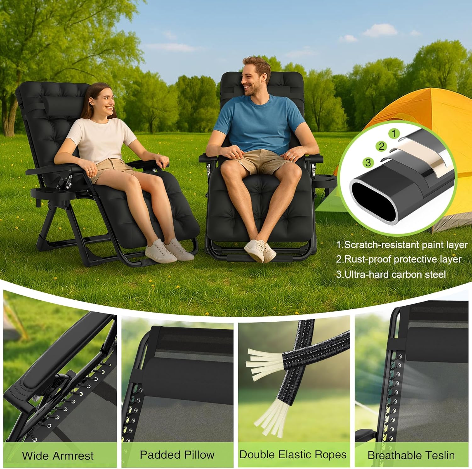 Suteck Zero Gravity Chair, Reclining Camping Lounge Chair w/Removable Cushion, Upgraded Lock and Cup Holder, Reclining Patio Chairs Folding Recliner for Indoor and Outdoor - Image 8