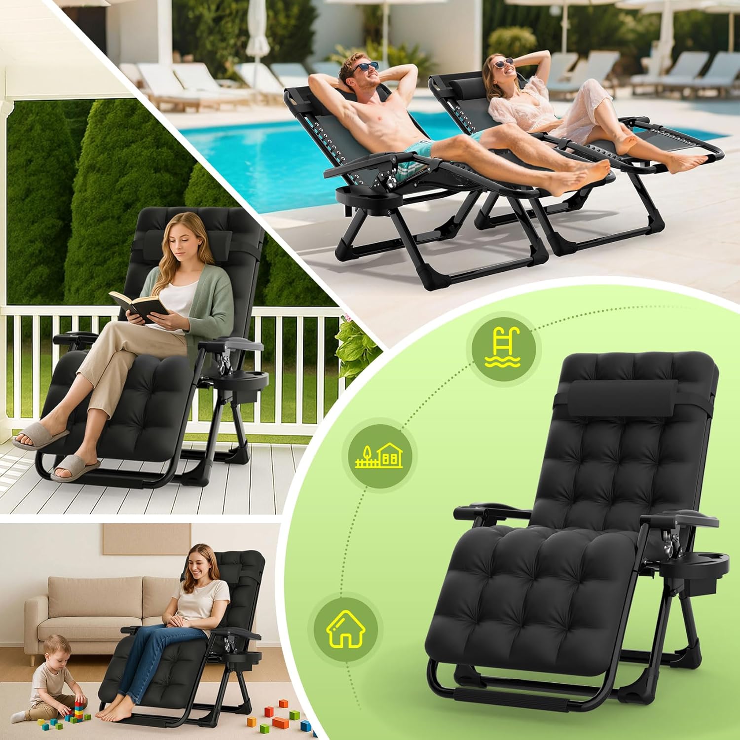 Suteck Zero Gravity Chair, Reclining Camping Lounge Chair w/Removable Cushion, Upgraded Lock and Cup Holder, Reclining Patio Chairs Folding Recliner for Indoor and Outdoor - Image 9